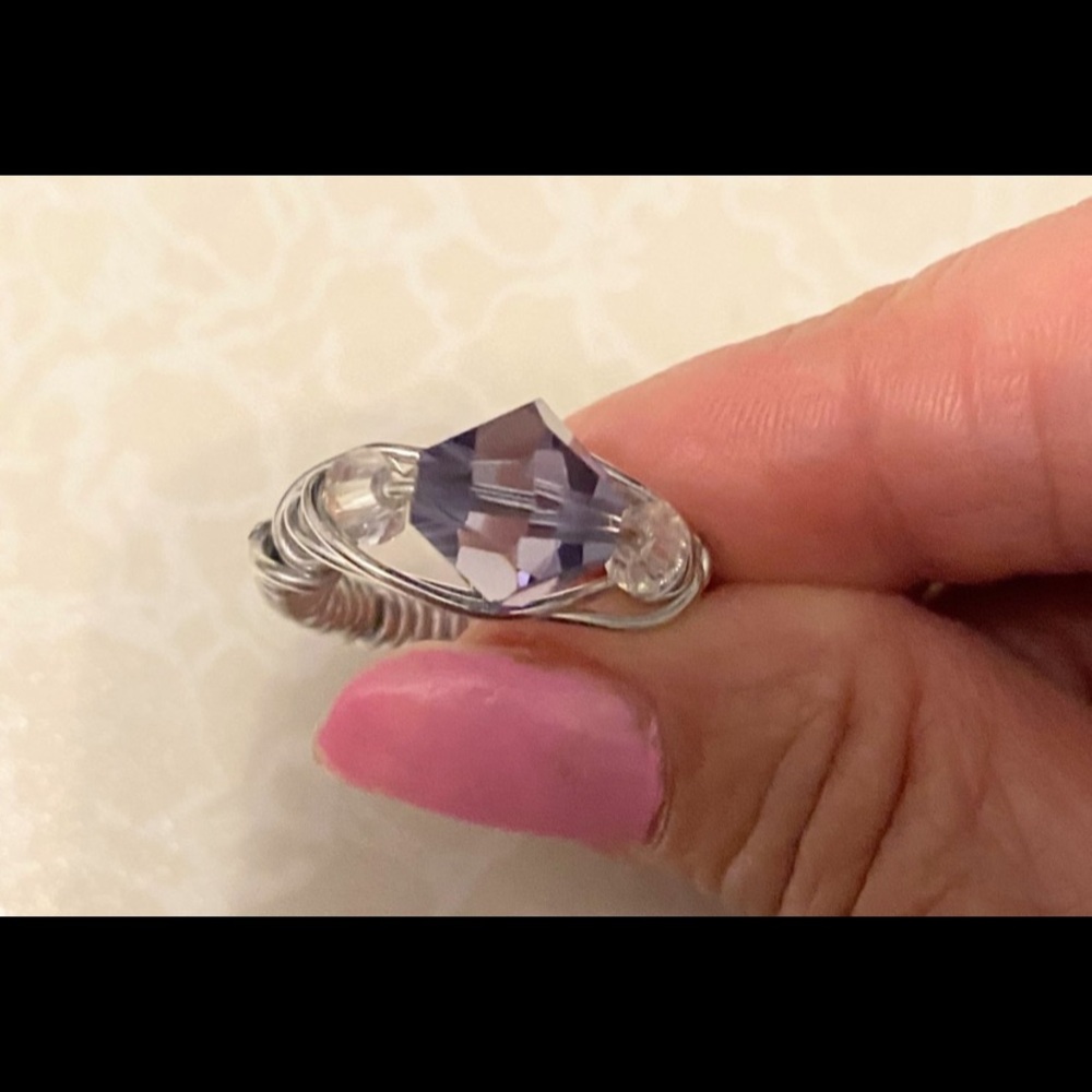 Lavender Crystal Wire-Wrapped Ring in Silver Tone size 6